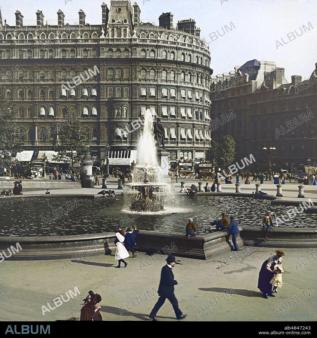 Magic Lantern slide, circa 1880, Victorian/Edwardian, social history. Trafalgar Square with people and horse-drawn carriages; City of Westminster, London, England.