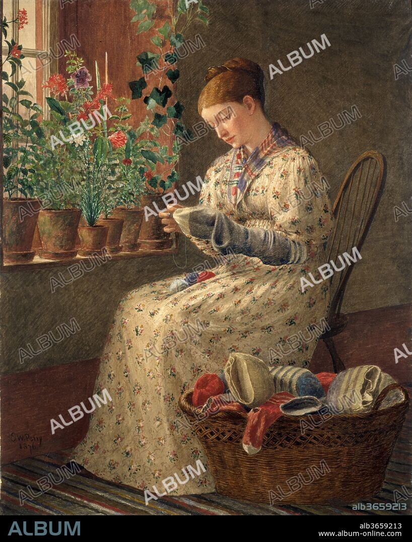 A Month's Darning. Artist: Enoch Wood Perry (1831-1915). Dimensions: 20 x 15 3/4 in. (50.8 x 40 cm). Date: 1876.
In their subject matter and compositional format, Perry's watercolor paintings are quite similar to his oils, and his method of applying paint was consistently characterized by fastidious attention to detail. Like his colleague Eastman Johnson, Perry studied in Düsseldorf and Paris, where he acquired a respect for careful draftsmanship. He exhibited "A Month's Darning" in 1876 at the American Society of Painters in Water Colors and later the same year at the Centennial Exposition in Philadelphia, where it was acclaimed for its evocation of times past. The critic for the "New-York Tribune" found the woman's head to be "the best part" of the composition and only regretted "that the sweet-faced girl . . . should have such large-footed men-folks to darn for.".