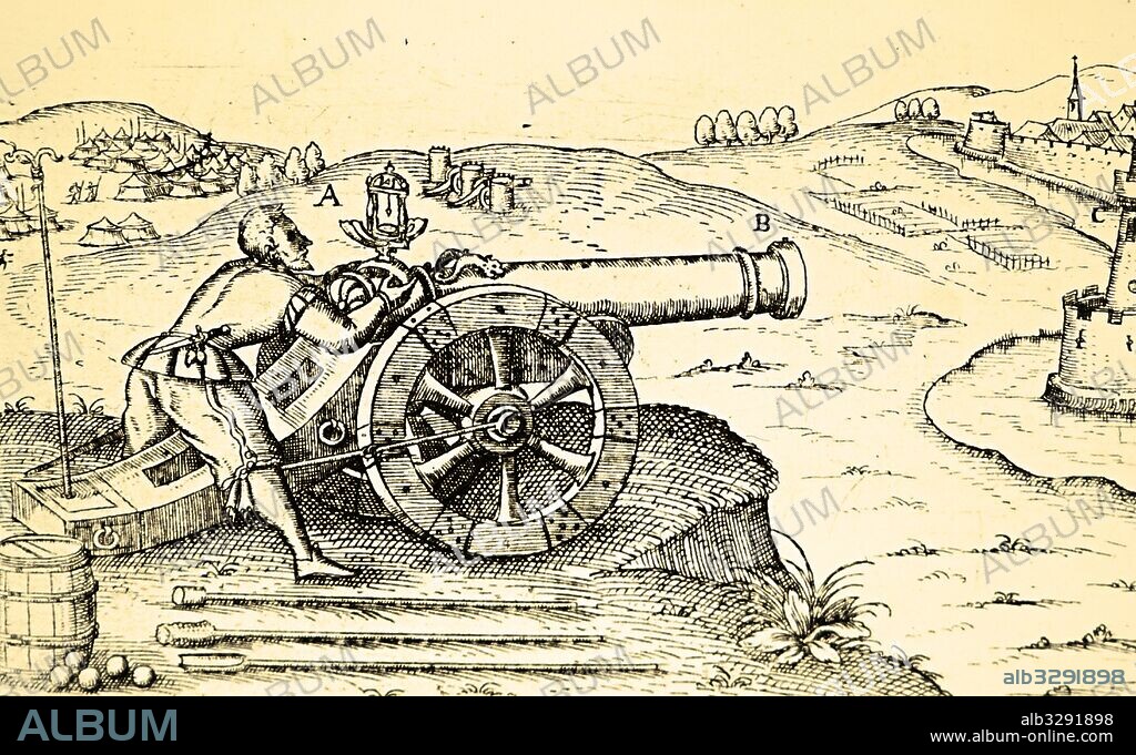 German artilleryman using compass and clinometer for laying a cannon for elevation (range) and direction. From Levinus Hulsius Intrumentorum Mechanci— corum, Frankfurt-am-Maine 1605.