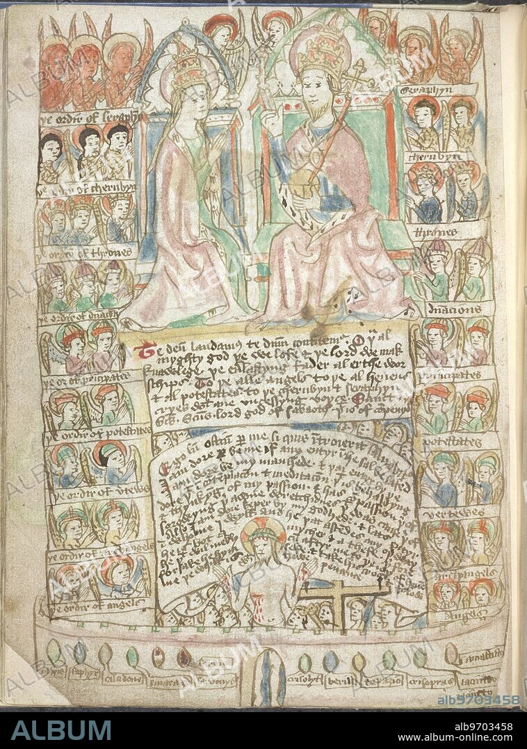 "Te deum laudamus" and "Ego sum ostium": drawing of the celestial hierarchy, etc., with prosee explanations.