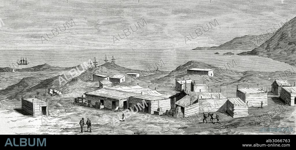 War of the Pacific (1879-1883). Western South America with Bolivia and Peru in front of Chile as a belligerant. Iquique. Lepanto camp established by the Spanish merchants on the outskirts of the town. Engraving by Batlle.