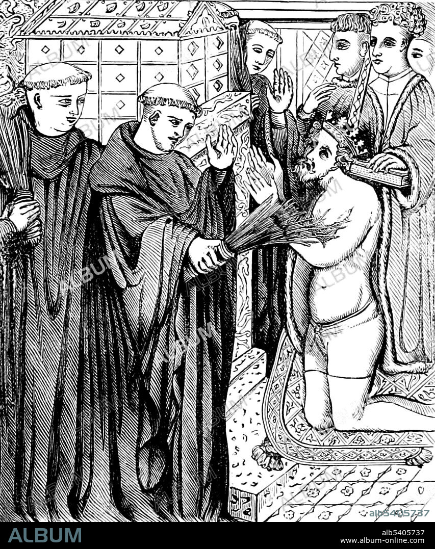 The Compromise of Avranches in 1172 marked the reconciliation of Henry II of England with the Catholic Church after the Becket controversy from 1163, which culminated with the murder in 1170 of Thomas Becket. Henry was purged of any guilt in Becket's murder, and swore to go on crusade, as well as effectively overturning the Constitutions of Clarendon. On July 12, 1174, Henry humbled himself with public penance at Becket's tomb. He walked to Canterbury Cathedral in sack cloth and ashes and allowed himself to be flogged by the monks there. Cassell's Illustrated History of England, 1865 (cropped and cleaned).