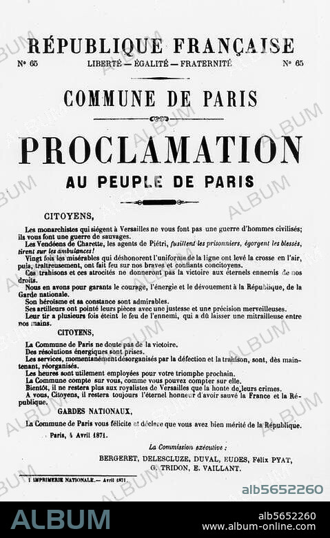 Commune de Paris, 18 mars - 28 mai 1871. "Proclamation au peuple de Paris (..) ". Affiche du 4 avril 1871. Paris, Bibliothèque Nationale.