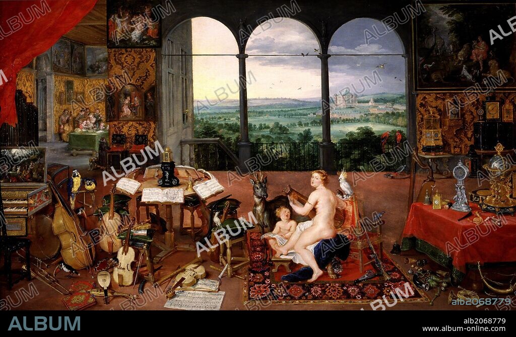PETER PAUL RUBENS y JAN BRUEGHEL EL VIEJO. Pedro Pablo Rubens; Jan Brueghel 'el Viejo' / 'El Oído', 1617-1618, Escuela Flamenca, Óleo sobre Tabla, 64 cm x 109,5 cm, P01395.