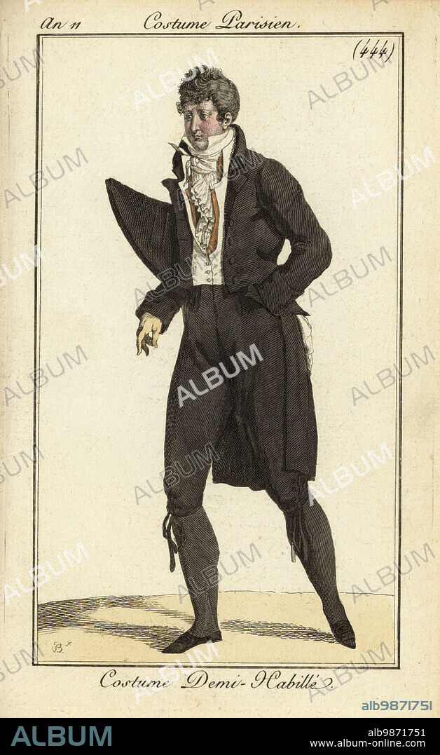 French dandy in black suit and stockings, double waistcoat, cravatte and  frilled shirt. With chapeau bras bicorn hat under his arm. Semi-formal  costume. Costume Demi-Habil - Album alb9871751