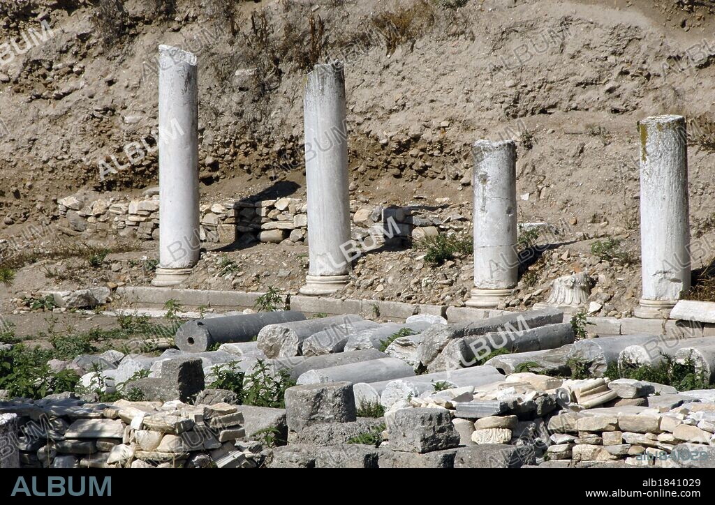 Greece. Ancient Corinth. Lechaion Way. Marble-paved road to the port of Lechaion. It began in the agora with a monumental propylon. In regular use until 10th century. Remains. Peloponnese region.