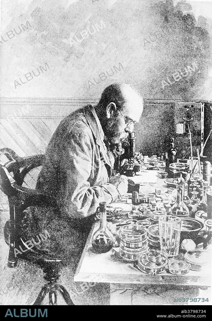 Robert Koch (1843 - 1910), German scientist who was one of the two founders (with Pasteur) of the science of bacteriology. Here he is shown working in his laboratory at Kimberley, South Africa, circa 1896-1897. Using a method of staining and growing bacterial cultures, Koch became famous for isolating Bacillus anthracis (1877), the Tuberculosis bacillus (when Koch made his discovery in 1882, TB was still responsible for one in seven of all European deaths) and the Vibrio cholerae (1883) and for his development of Koch's postulates. Koch was awarded the 1905 Nobel Prize in physiology for his work.