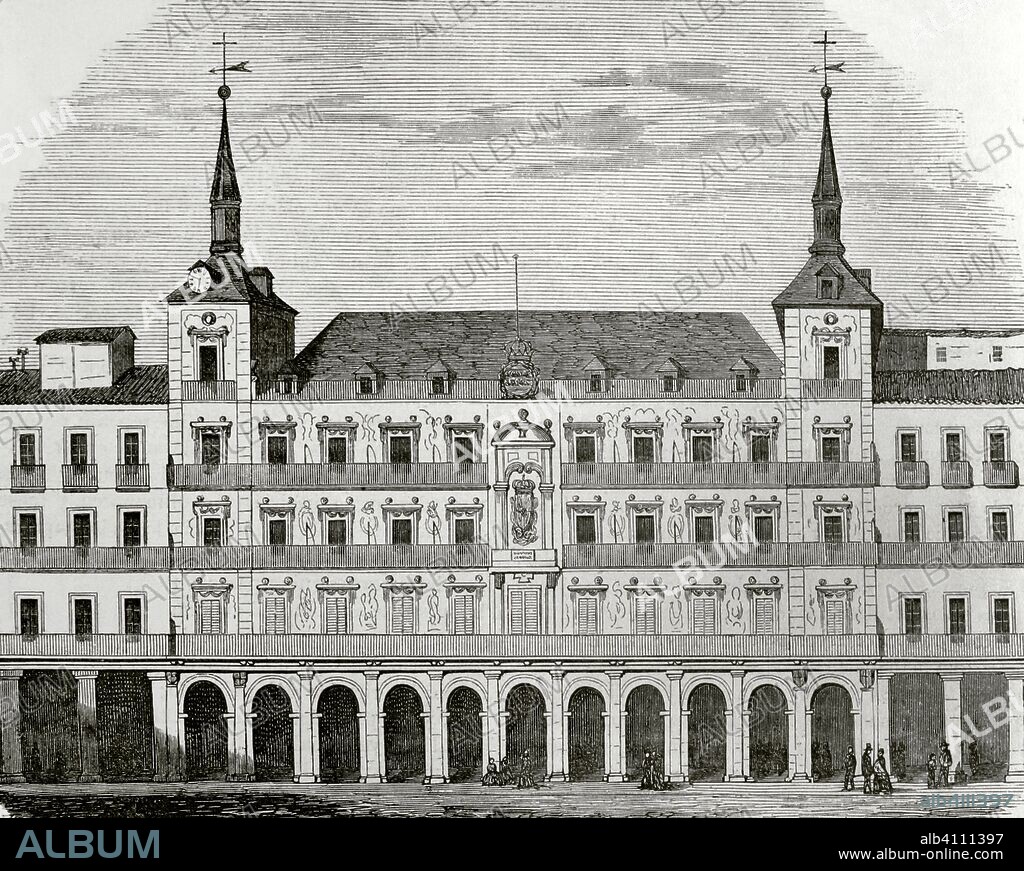 España. Madrid. Plaza Mayor. Casa de la Panadería. Grabado por Vierge. Crónica General de España, Historia Ilustrada y Descriptiva de sus Provincias. Castilla-La Nueva, 1869. Biblioteca Histórico Militar de Barcelona, Cataluña, España.