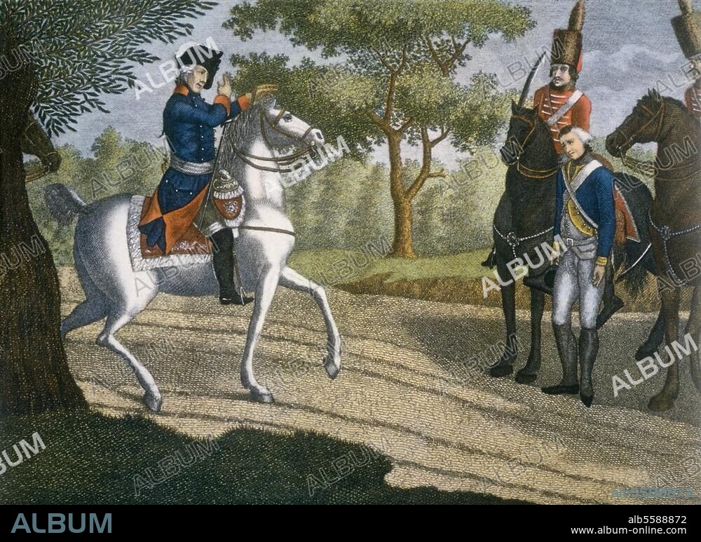 Friedrich II. (der Große), König von Preußen (1740-86); 1712-1786. " (...) heute wollen wir es noch zusammen versuchen (...) ". (Friedrich II. zu einem Deserteur vor der Schlacht bei Leuth en, 5. Dezember 1757). Kolorierter Kupferstich von Gottfried Arnold Lehmann, um 1800.