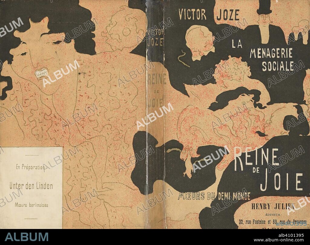 Cover for the book Reine de joie, moeurs du demi-monde by Victor Joze. Date: 1892. Dimensions: 18.7 cm x 11.9 cm, 1.5 cm x 25.2 cm, 32.3 cm x 18.8 cm.