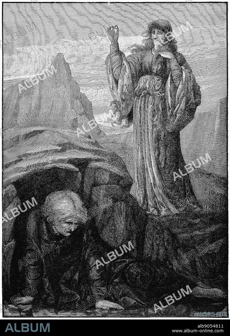 Morte d'Arthur' by Thomas Malory (d1471). Morgan le Fay casts a spell on Merlin. Engraving after Henry Ryland (1856-1924) English painter and illustrator .