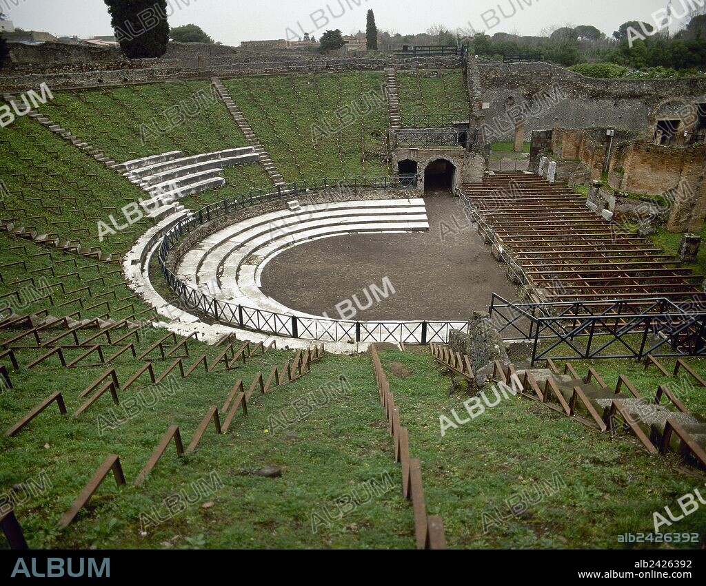 Italy. Pompeii. The Great Theatre. 2nd AD. Panoramic. Seating area (Cavea), orchestra, and portico of Gladiators'.