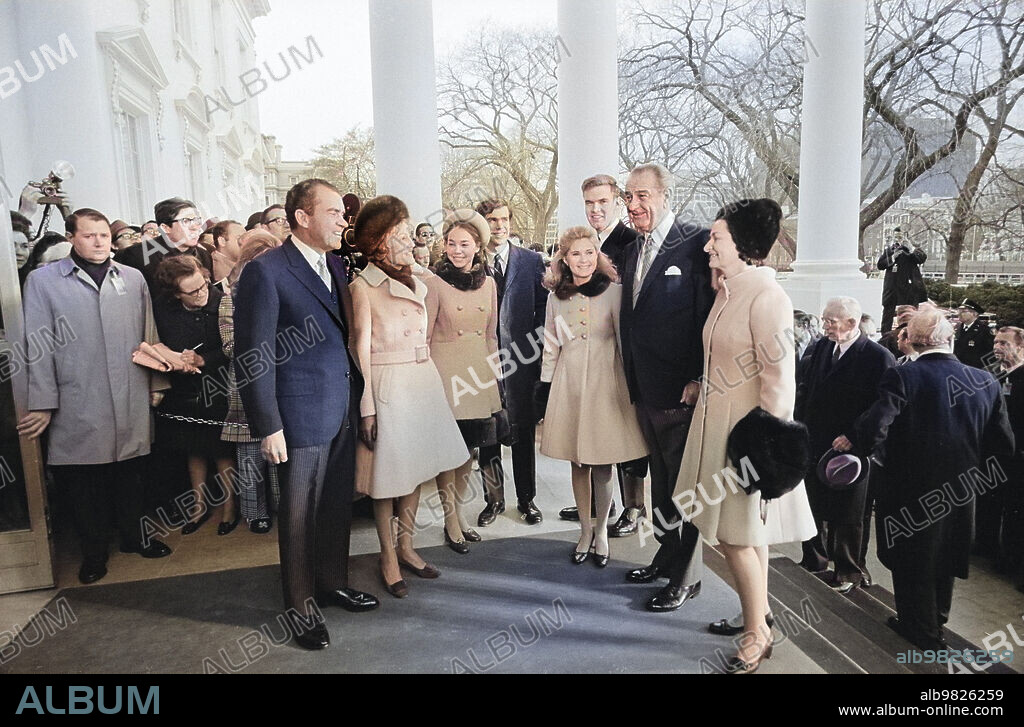 U.S. President-Elect Richard Nixon, Wife Pat Nixon and family being greeted by Former U.S. President Lyndon Johnson and First Lady Ladybird Johnson at White House prior to Nixon's Inauguration, Washington DC, USA, John T. Bledsoe, U.S. News & World Report Magazine Photograph Collection, January 20, 1969.