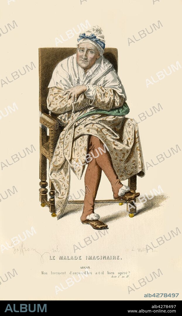 L WOLFF. Argan, 1868. The character of Argan, the hypochondriac main character in "Le Malade Imaginaire" (The Imaginary Invalid), a 'comédie-ballet' by Jean Baptiste de Molière, first staged in 1673. From "Oeuvres Complètes De Molière", (Complete Works of Molière), with an introduction by Jules Janin. [F. de P. Mellado, Paris, 1868].