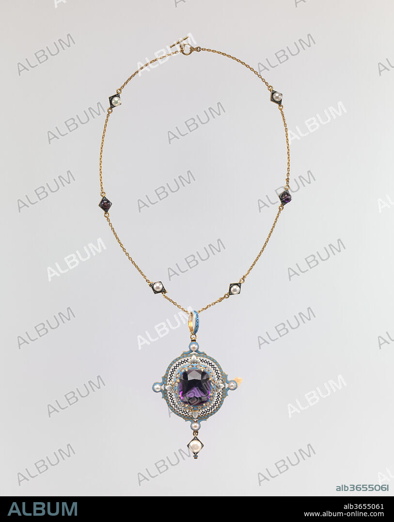 Renaissance revival pendant on chain. Culture: British. Dimensions: Overall (confirmed): 3 × 1 3/4 in. (7.6 × 4.4 cm);
Length of chain (confirmed): 15 in. (38.1 cm). Maker: Carlo Giuliano (Italian, active England, ca. 1831-1895). Date: mid-late 19th century.
This pendant evokes Renaissance jewelry more overtly than other Giuliano pieces in the Museum's collection, and its decorative effect derives largely from a semi-precious stone, in this case amethyst, which is not the case with the other works. The use of openwork and enameling in combination with pearls and semi-precious stones is typical of Giuliano's work in the Renaissance style; the pendant retains its original chain. While Carlo Giuliano made other Renaissance-revival pendants that prominently employed amethysts, the workmanship on this example is unusually fine.