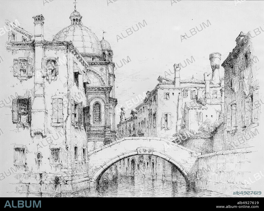 Andrew Fisher Bunner, Canal and Church of Santa Maria dei Miracoli, Venice, American, Andrew Fisher Bunner (18411897), 1883, American, Black ink and graphite traces on off-white wove paper, 11 11/16 x 16 3/8 in. (29.7 x 41.6 cm), Drawings.