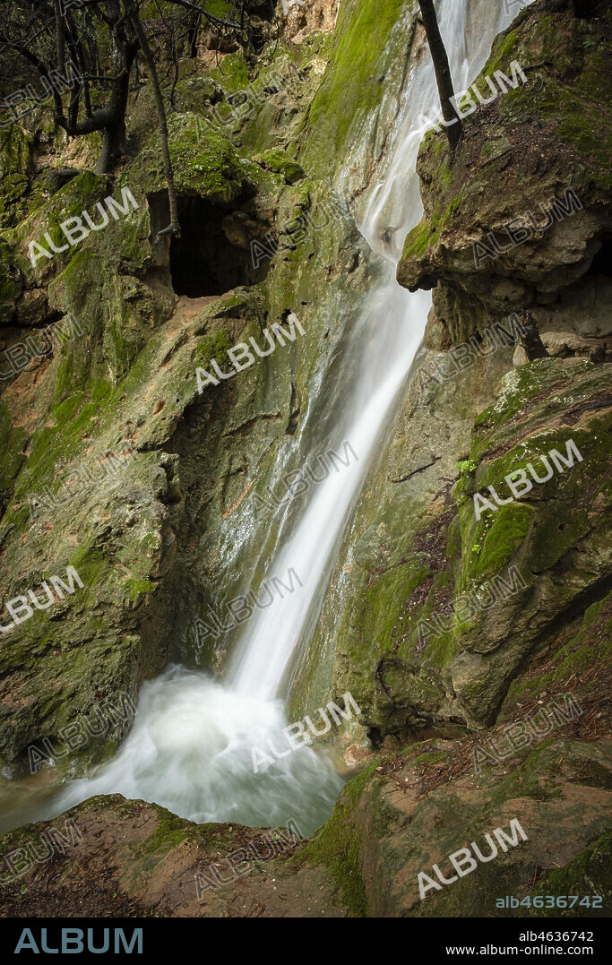 Salt des Freu waterfall, Torrent de Coanegra, Orient, Bunyola, Mallorca, Balearic Islands, Spain.