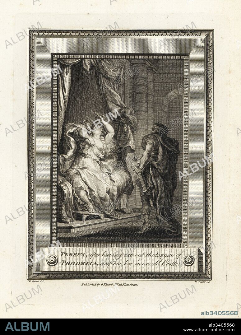 King Tereus of Thrace, after having cut out the tongue of Philomela, princess of Athens, confines her in an old castle before raping her. Copperplate engraving by W. Walker after an illustration by Charles Eisen from The Copper Plate Magazine or Monthly Treasure, G. Kearsley, London, 1778.