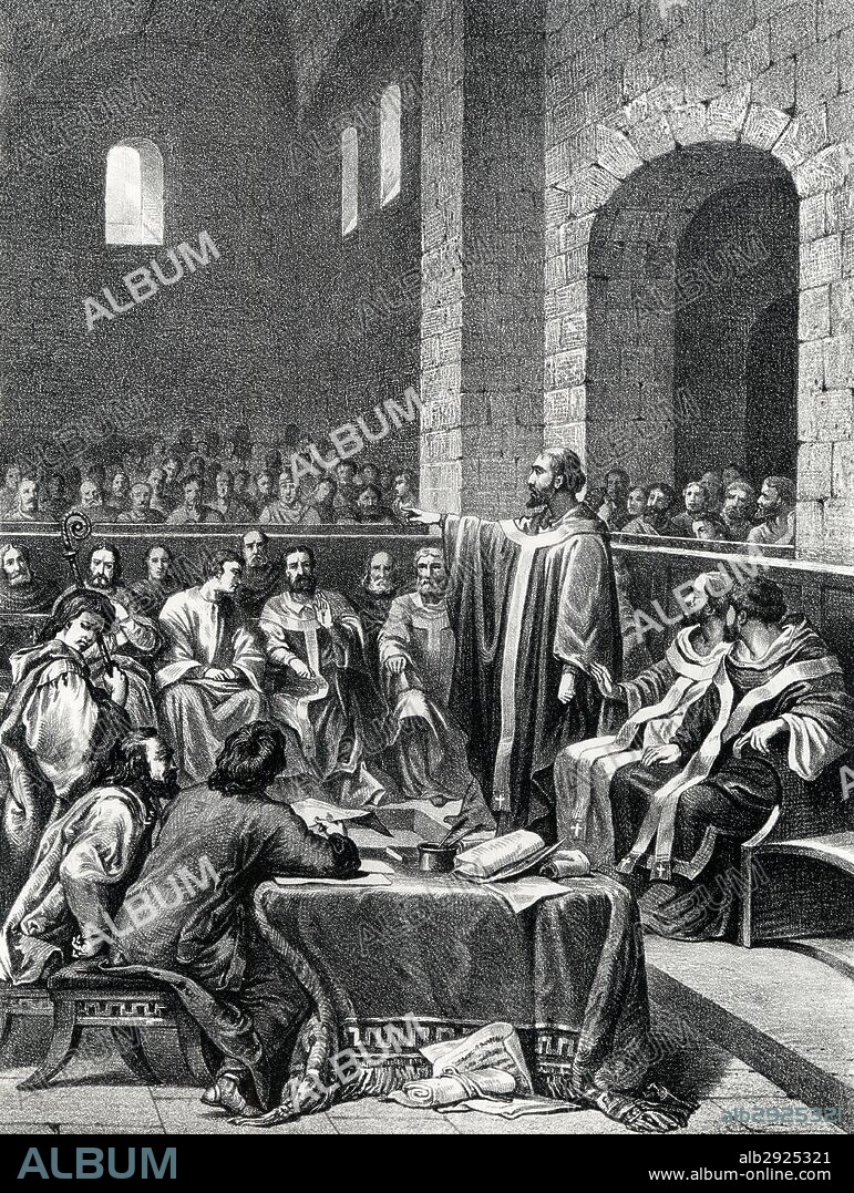 Historia. Concilio cristiano de Elvira o  Iliberis, cerca de Granada, entre los años 300 y 324. Grabado de 1871.