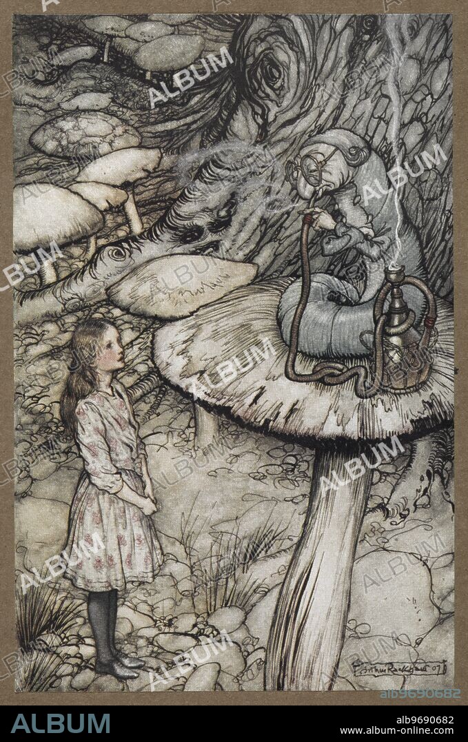 Alice talking to the Caterpillar who is sitting on a mushroom smoking a pipe,Advice from a Caterpillar.