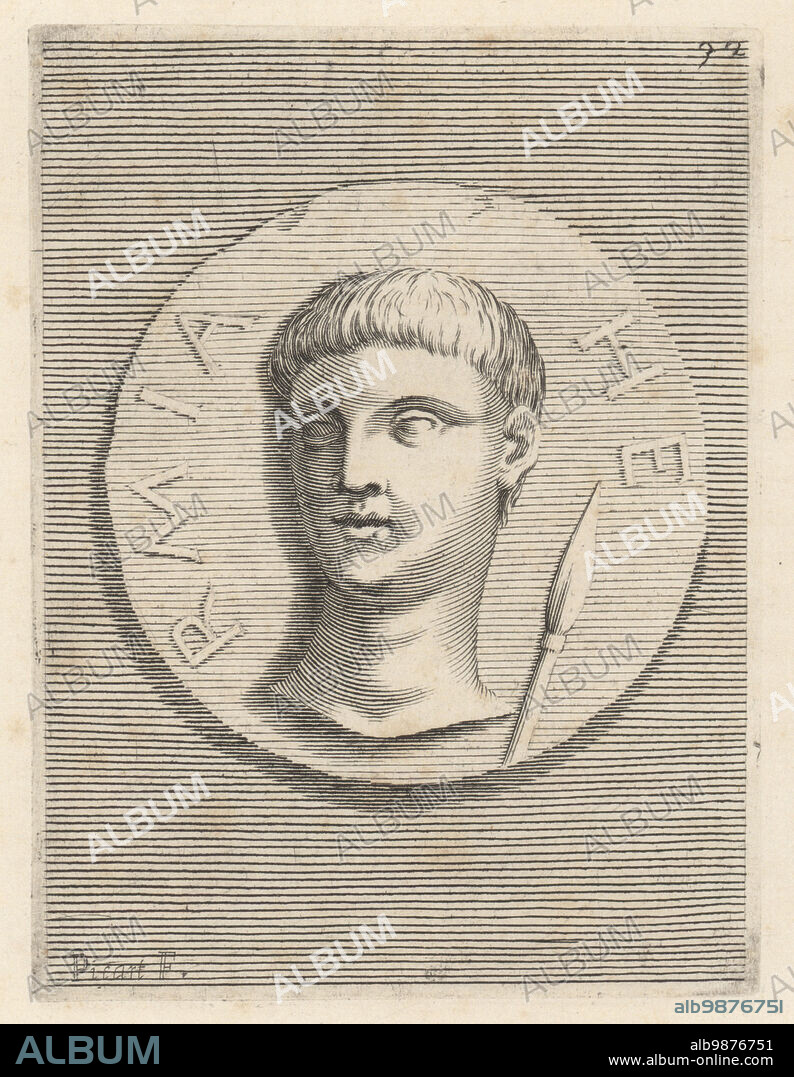 Hermias of Atarneus, Greek eunuch slave to Eubulus, a Bithynian banker who ruled Atarneus. Later became tyrant of Atarneus. Father-in-law to Aristotle, who married his daughter Pythias. From a sardonyx gem. Hermia. Copperplate engraving by Etienne Picart after Giovanni Angelo Canini from Iconografia, cioe disegni d'imagini de famosissimi monarchi, regi, filososi, poeti ed oratori dell' Antichita, Drawings of images of famous monarchs, kings, philosophers, poets and orators of Antiquity, Ignatio deLazari, Rome, 1699.