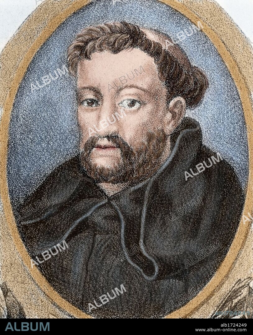 LEON, Fray Luís de (1528-1591). Poeta y prosista español. Grabado coloreado del siglo XIX.