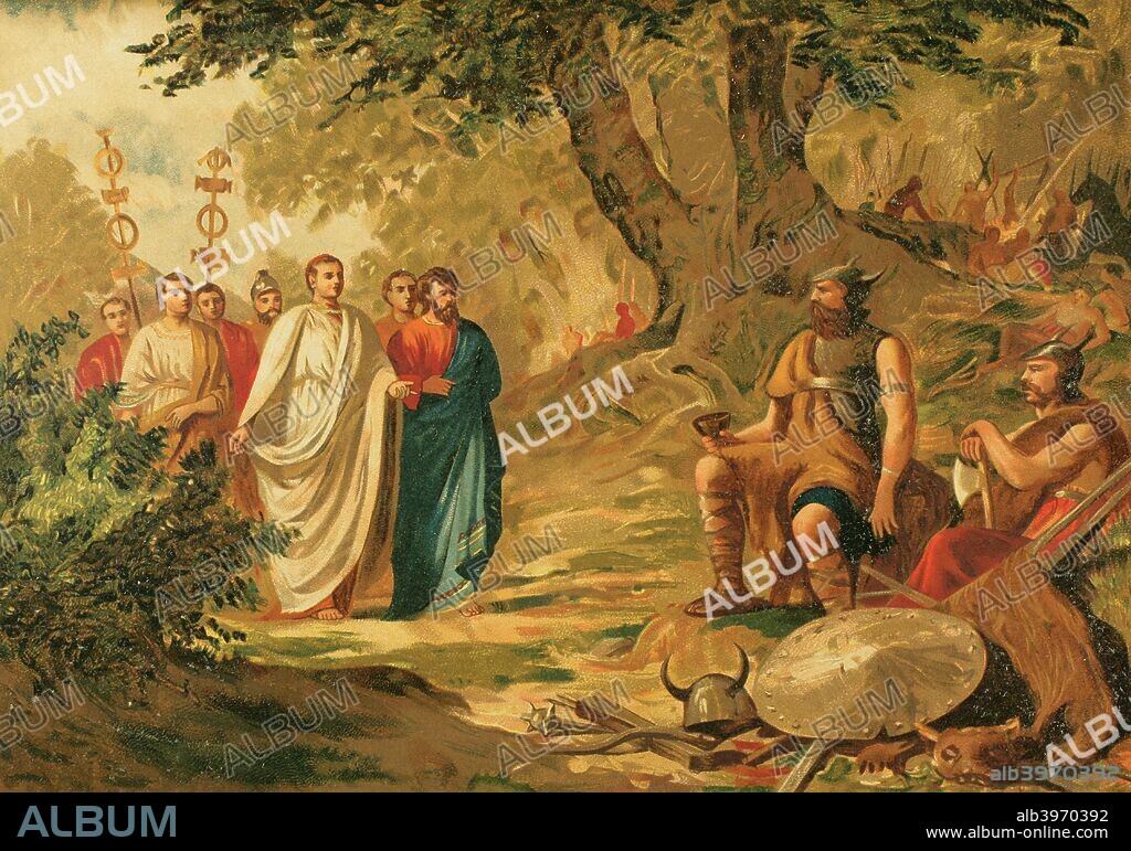 Imperio Romano de Occidente. Invasión de los Hunos de Italia. Siglo V a. C. Atila se detuvo en el valle del Po, donde una embajada romana fué a su encuentro. Tras la entrevista, Atila inició su retirada. Entre los embajadores romanos se encontraban el Prefecto Trigecio, el Cónsul Avieno y el Papa Leon I. Cromolitografía. La Civilización, tomo III, 1882. Bibliotea Histórico Militar de Barcelona. Cataluña, España.