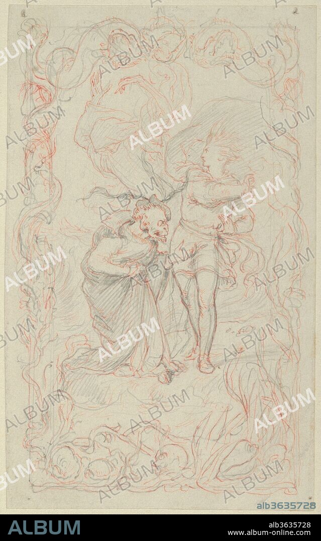 Illustration to the Tempest: Caliban, Ferdinand and Ariel. Artist: Henry Courtney Selous (British, Deptford 1811-1890 Beaworthy). Dimensions: Sheet: 5 11/16 × 3 9/16 in. (14.5 × 9 cm). Subject: William Shakespeare (British, Stratford-upon-Avon 1564-1616 Stratford-upon-Avon). Date: 1836.