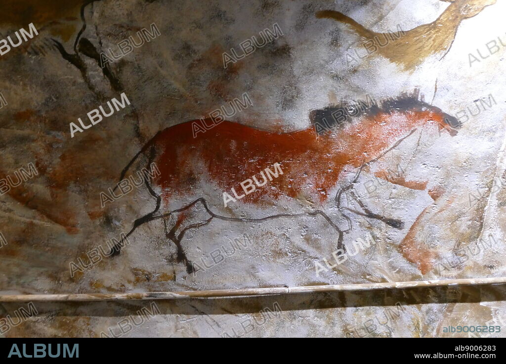 Replica painting from the Cave of Altamira (Cueva de Altamir) located near the historic town Santillana del Mar in Cantabria, Spain, is renowned for its numerous parietal cave paintings featuring charcoal drawings and polychrome paintings of contemporary local fauna and human hands, created between 18,500 and 14,000 years ago during the Upper Palaeolithic by Paleo human settlers. The earliest paintings in the cave were executed around 35,600 years ago.