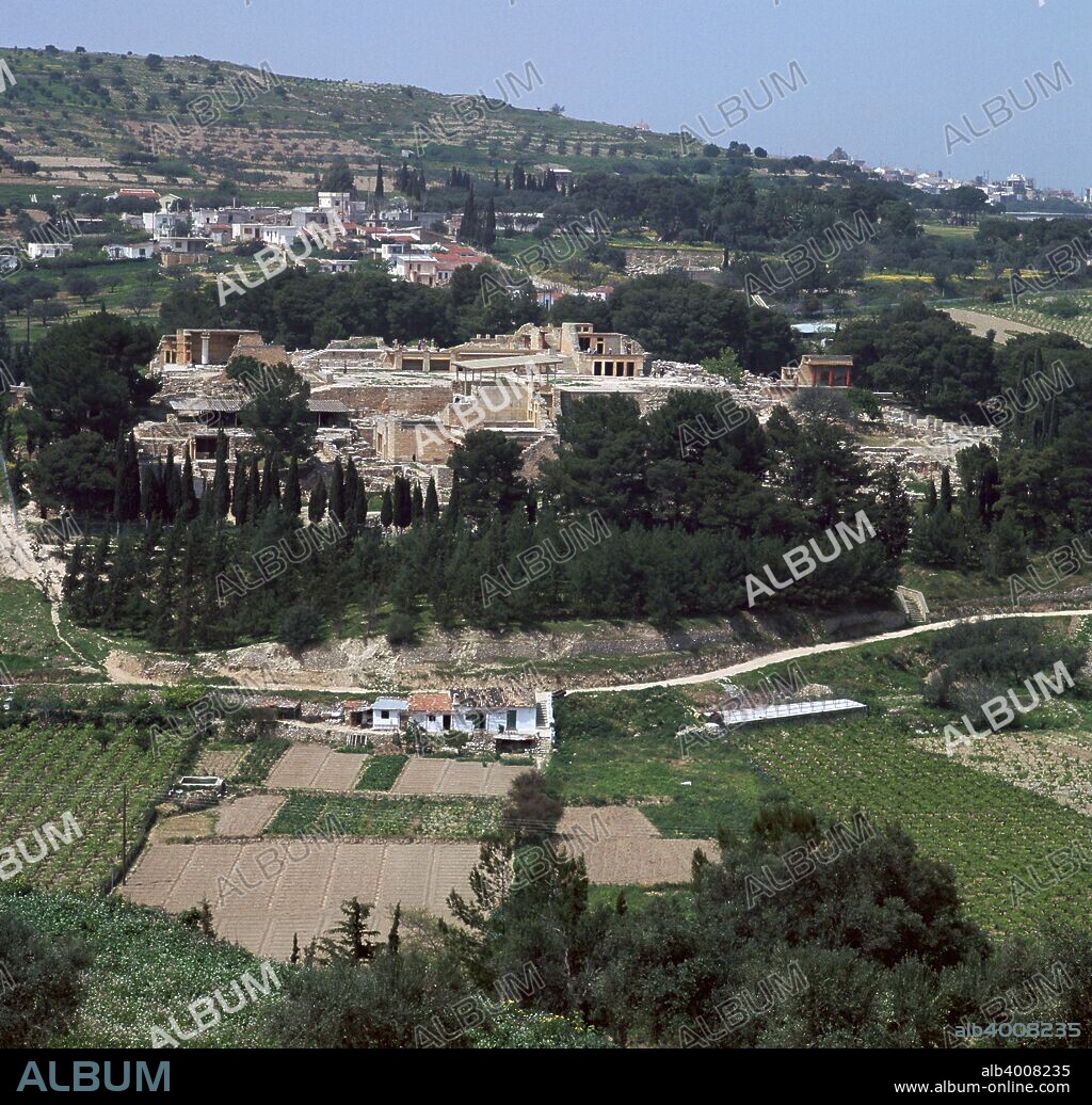 View of the Royal Minoan palace of Knossos from the hillside across the valley, c.1700-1300 BC.