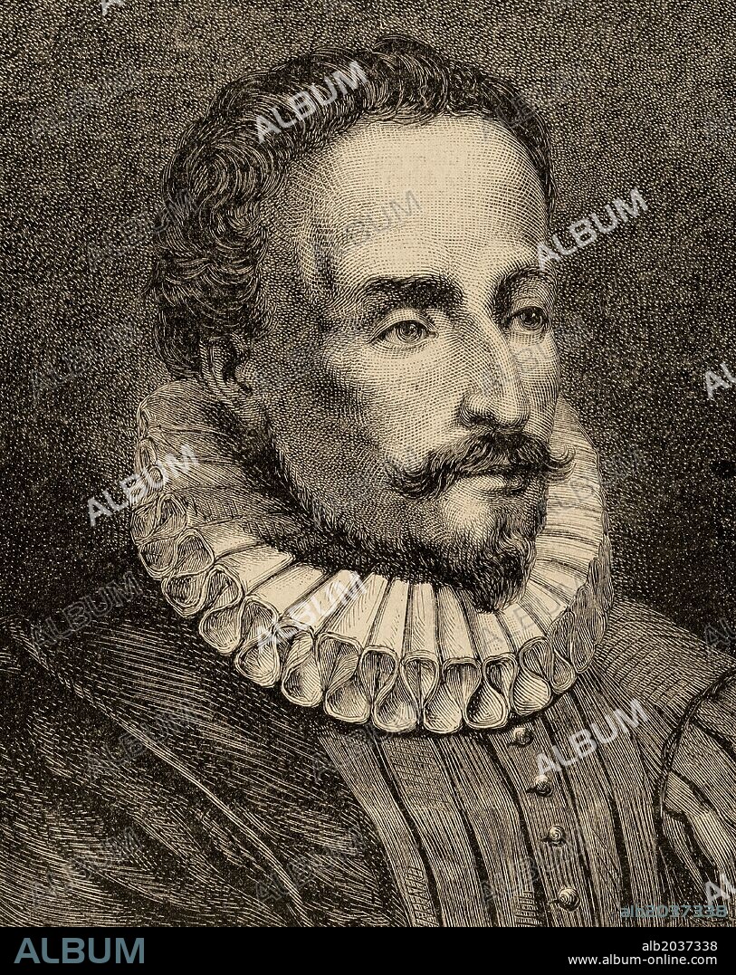 CERVANTES, Miguel de (Alcalá de Henares, 1547-Madrid, 1616). Escritor español. Autor de "El Ingenioso hidalgo Don Quijote de la Mancha" (1605). Grabado de Capuz. "La Ilustración Española y Americana", año 1872.