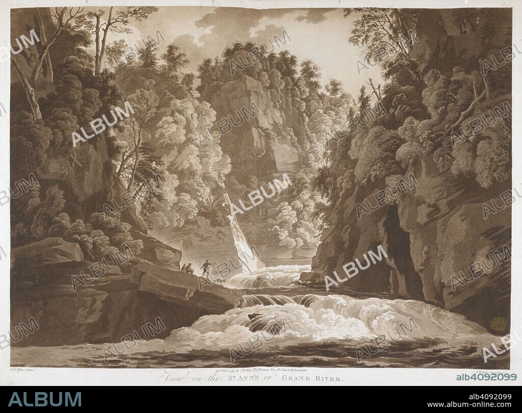JOHN WILLIAM EDY. Landscape with figures and a dog on a spit of land at the foot of a steep tree-covered cliff, looking at a turbulent river which zig-zags between the mountains with a waterfall on the left and rapids in the foreground. View on the St ANN'S or GRAND RIVER. [London] : Pubd Feby 1 1796 by J.W. Edy, No 2, Romney Row, St John's, Westminster., [February 1 1796]. Aquatint and etching. Source: Maps K.Top.119.30.d. Language: English.