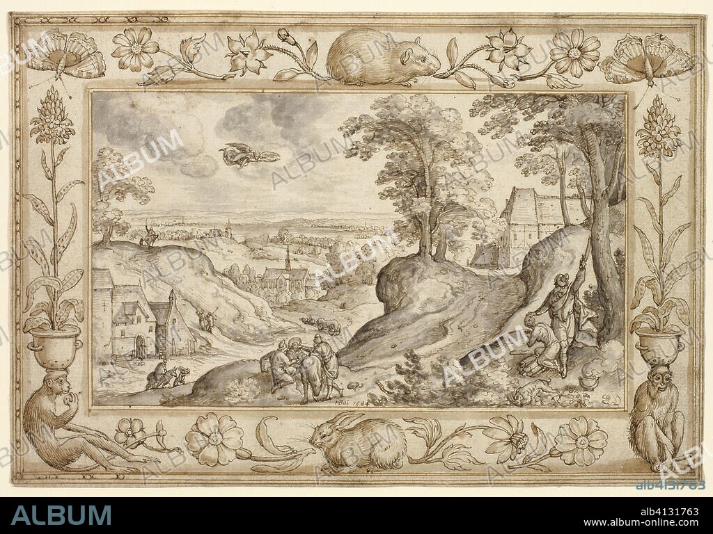 Landscape with the Sacrifice of Isaac within a Decorative Border of Plants and Animals. Hans Bol; Netherlandish, 1534-1593. Date: 1584. Dimensions: 145 x 212 mm. Pen and brown ink, and brown and gray washes, on ivory laid paper incised with a stylue for transfer. Origin: Netherlands.