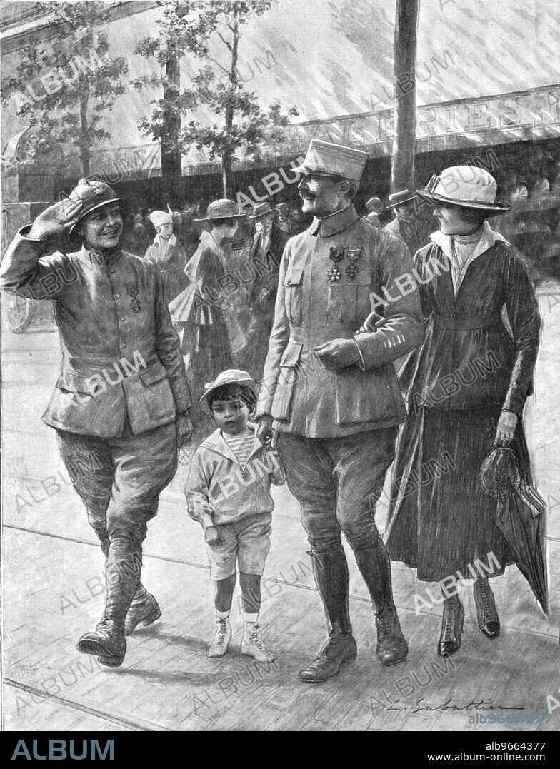 LOUIS REMY SABATTIER. 'Son Colonel !; En permission tous les deux, un lieutenant-colonel et un jeune soldat de son regiment se rencontrent a Paris, sur les grands boulevards ; le salute que ce "bleuet", qui a daja fait ses preuves, adresse a son chef contient toute la deference empressee et en meme temps l'affectueuse confiance qui caracterisent notre discipline militaire ; et on devine ce bref dialogue: "Tu as bien gagne tes six jours, mon petit gars.-- Pas si bienque vous, mon colonel! "', 1916. From "Collection de la Guerre IV. L'Illustration Tome CXLVII. La Guerre Janvier, Fevrier, Mars, Avril, Mai, Juin 1916".