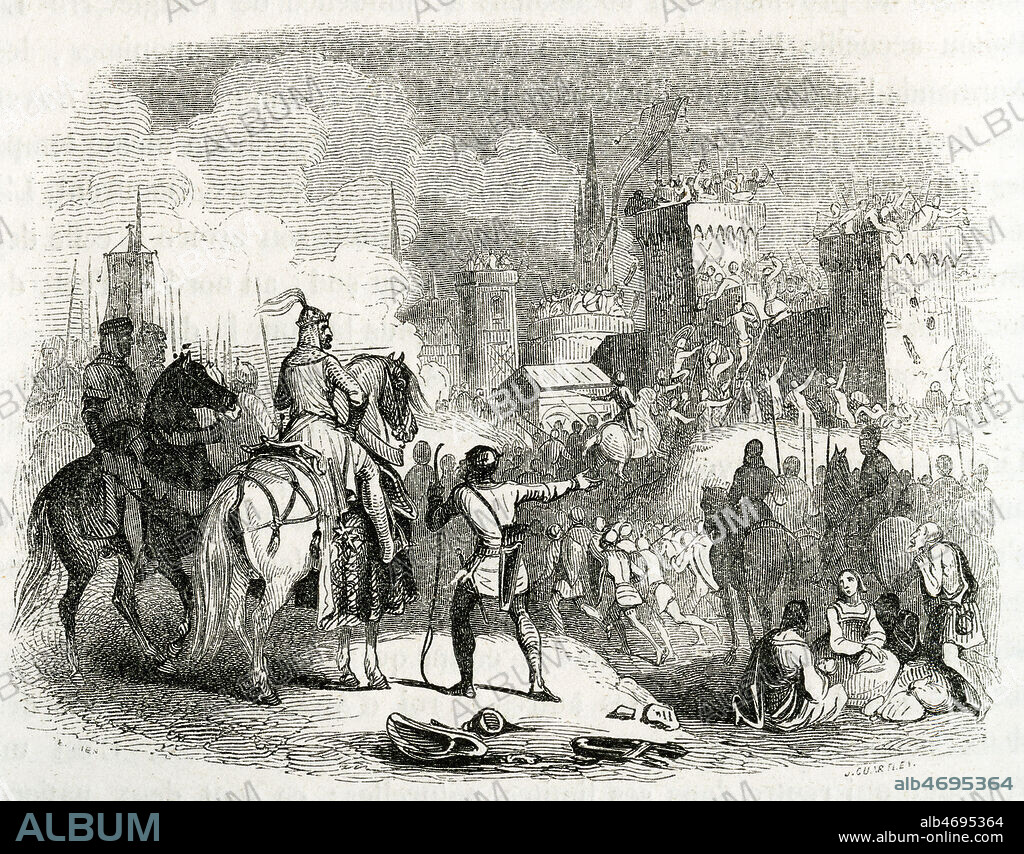 Chute de Chateau-Gaillard apres un siege de cinq mois par les armees de PHILIPPE-AUGUSTE (1165-1223). Illustration anonyme de 1862 pour La Normandie par Jules JANIN (1804-1874) . Credit : Coll. Jonas/KHARBINE-TAPABOR.