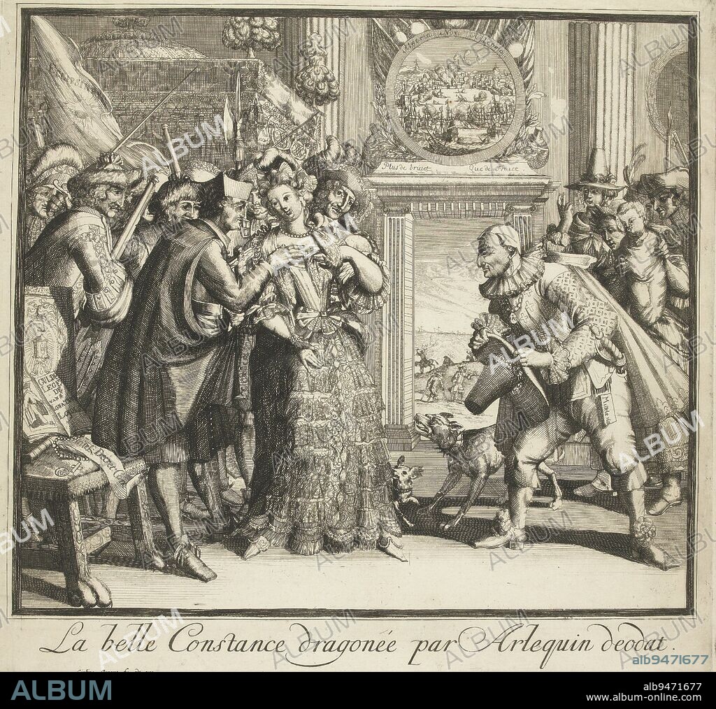 Cartoon on Louis XIV and the persecution of Protestants in France, 1689. La belle Constance (the French Protestants) are being courted by Louis XIV, Jesuits and soldiers. With the group on the right with King James II and the queen with the underprivileged child, she cannot find safety either. Below the scene a verse in 2 columns in Dutch, Cartoon on Louis XIV and the persecution of Protestants in France, 1689 La belle Constance dragon, print maker: Gisling, (mentioned on object), print maker: Romeyn de Hooghe, (attributed to), Romeyn de Hooghe, (attributed to), print maker: Genève, print maker: Netherlands, publisher: Genève, 1688, paper, etching, engraving, letterpress printing, h 531 mm × w 419 mm.