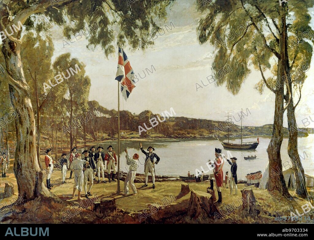 The Founding of Australia by Royal Navy Captain Arthur Phillip in Sydney Cove, January 26, 1788.