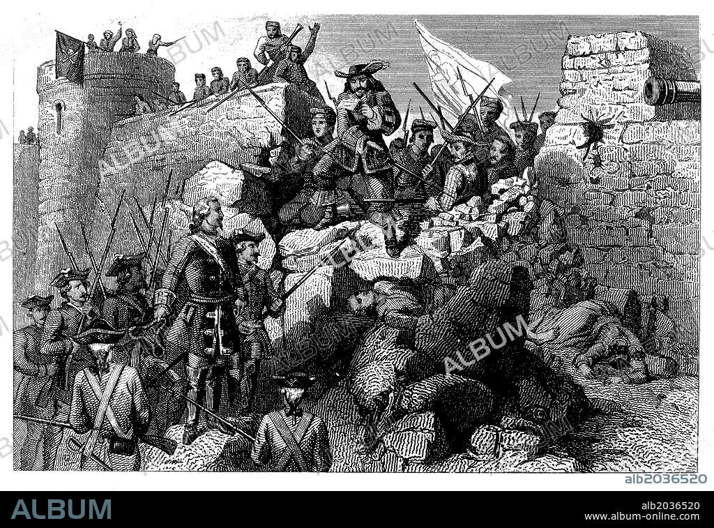 Guerra de sucesión (1714). Sitio de Barcelona. El general Bellver y Balaguer se niega a capitular ante las tropas felipistas en 1714. Grabado de 1840.