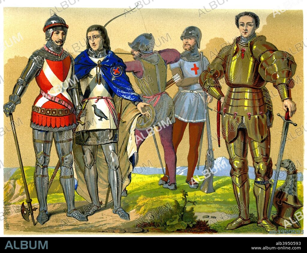English battle dress, 15th-16th century (1849). Featuring English noblemen, 1426; a banneret of the king, 1550; an archer of Edward IV, an English arquebusier, 1450 and Richard de Beauchamp, governor of Calais, 1439. A 19th century version based on original 15th-16th century manuscript illustrations. From Le Moyen Age et la Renaissance, by Paul Lacroix, Ferdinand Séré and A Rivaud, Volume III (Paris, 1849).