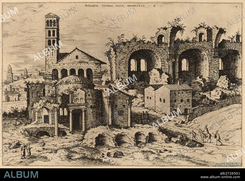 HIERONYMUS COCK. The Temple of Augustus and Faustina, the Temple of Divus Romulus, and the Basilica of Constantine. Dated: probably 1550. Dimensions: sheet (trimmed to plate mark): 22.4 x 32.9 cm (8 13/16 x 12 15/16 in.). Medium: etching on laid paper.