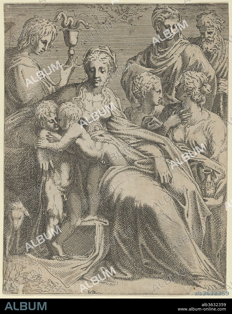 AFTER PARMIGIANINO (GIROLAMO FRANCESCO MARIA MAZZOLA) and LEON DAVENT. Sacred Conversation. Artist: After Parmigianino (Girolamo Francesco Maria Mazzola) (Italian, Parma 1503-1540 Casalmaggiore); Léon Davent (French, active 1540-56). Dimensions: Sheet (trimmed): 9 1/2 × 7 3/16 in. (24.1 × 18.3 cm). Date: ca. 1550-56.