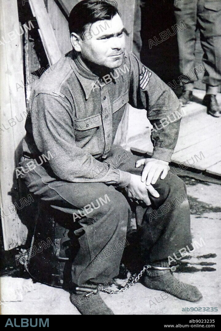 A photograph of a shackled Josef Kramer. Josef Kramer (1906-1945) the Commandant of Auschwitz-Birkenau and of the Bergen-Belsen concentration camp. Dubbed The Beast of Belsen, he was a notorious German Nazi war criminal.