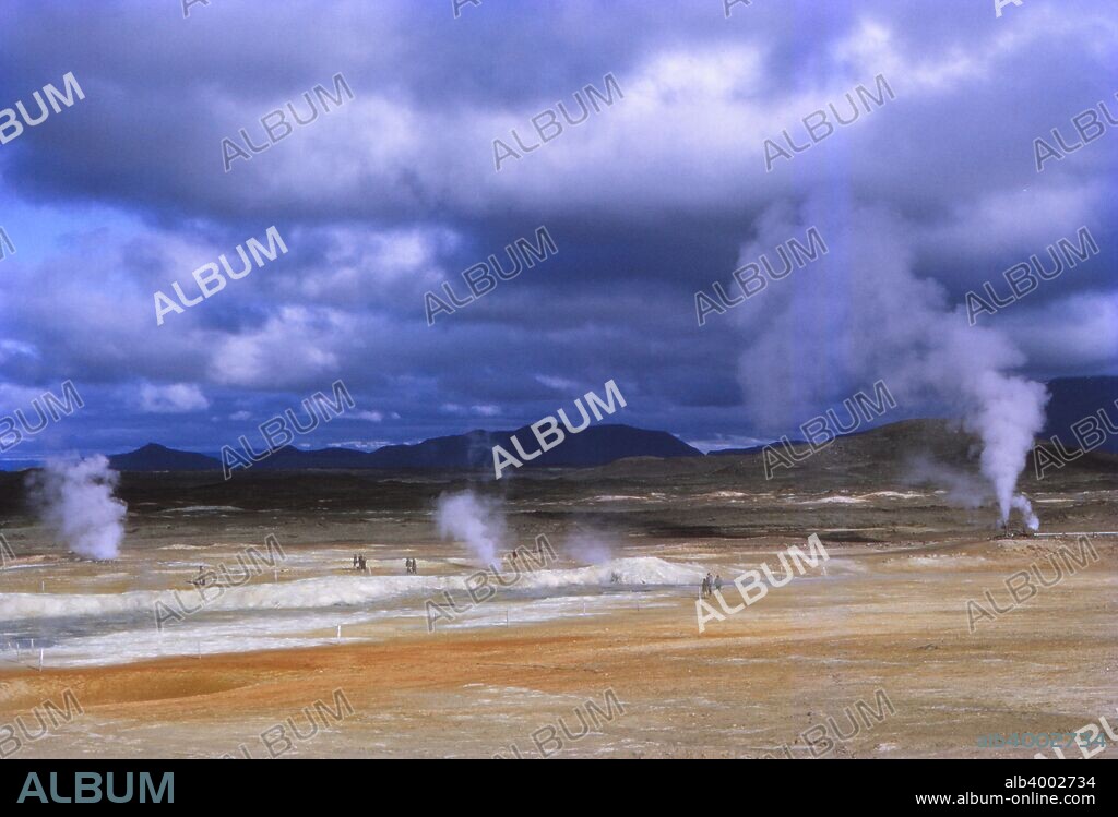 Hot springs at Namaskard near Myvatn, Iceland, 20th century. Namaskard mountain pass is located in the foothills of Hverarondor Hverir, it is a geothermal landscape of hot sulfuric mud and steam springs.