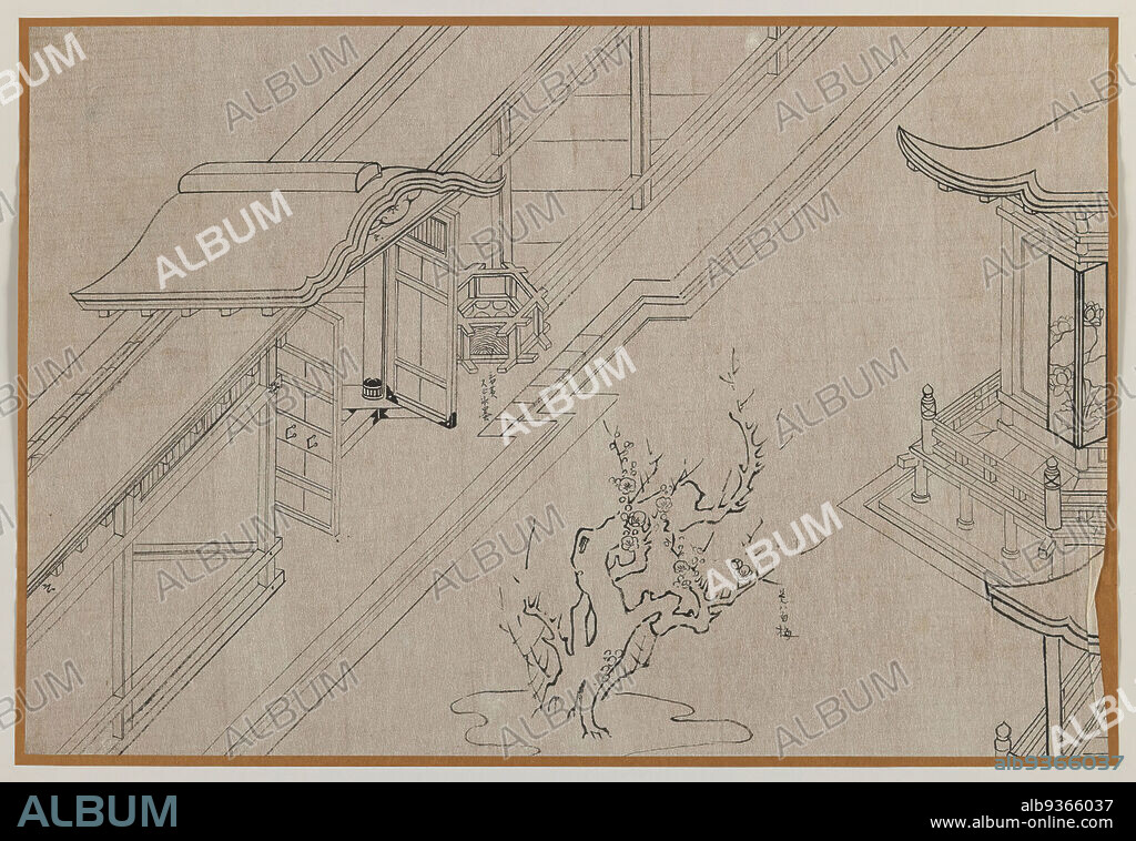 Temple Courtyard with Blossoming Plum Tree, Brush sketch, ink on paper, Japan, 20th century, Meiji Period, Image: 9 1/2 x 14 in., 24.1 x 35.6 cm, architectural drawing, courtyard, drawing, line drawing, religious space, temple, temple courtyard with blossoming plum tree.
