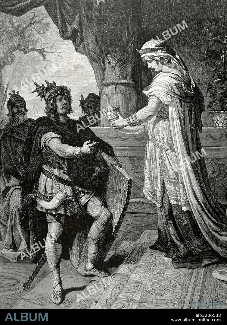 Krimilda o Krimhild. Personaje de la obra épica germánica el Cantar de los nibelungos. Es la hermana del rey Gunther y esposa del héroe Sifgrido. "Krimilda y Sigfrido". Grabado de M. Weber de un cuadro de T. Pixis. La Ilustración Artística, 1884.