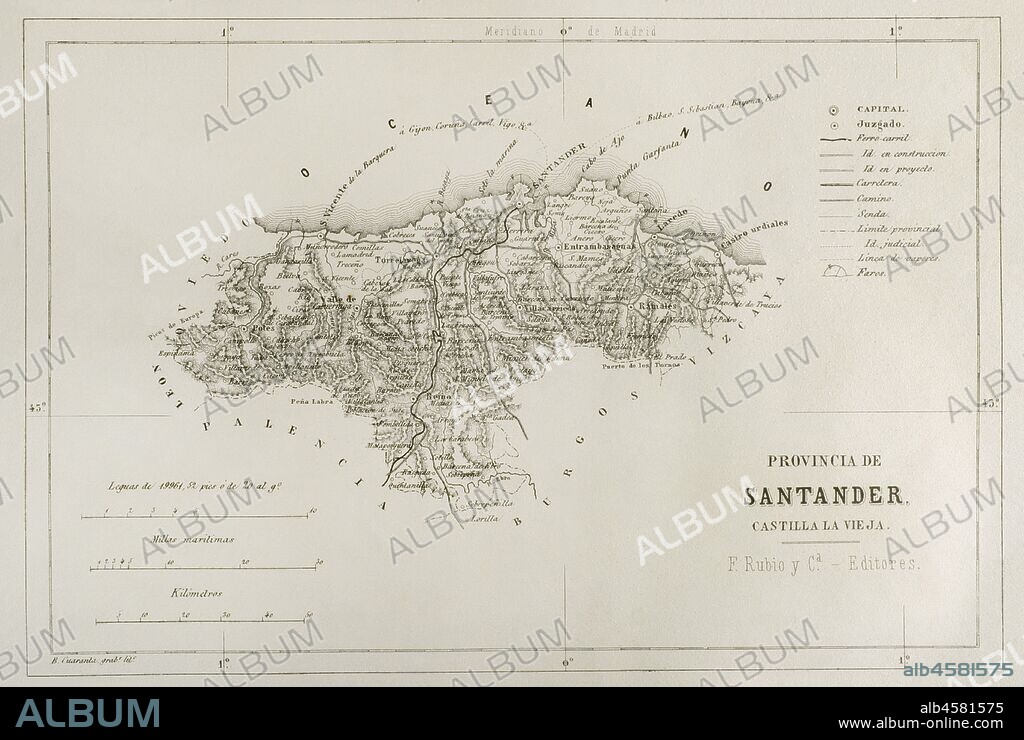 Mapa de la provincia de Santander. España. Crónica General de España, Historia Ilustrada y Descriptiva de sus Provincias. Castilla-La Vieja,1870. Biblioteca Histórico Militar de Barcelona, Cataluña, España.