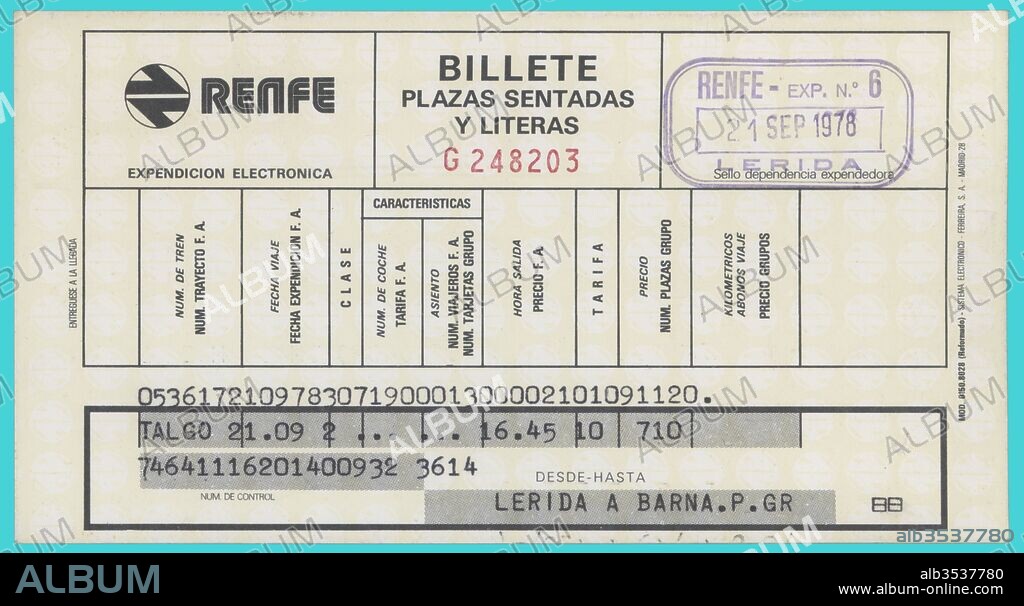 Catalunya. Transporte público. Billete número 248203 de Renfe del ferrocarril Talgo de Lleida a Barcelona. Año 1976.