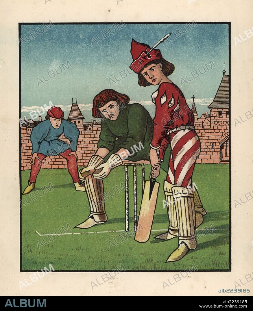 Medieval youth at bat in a game of cricket on a green in front of a walled town. They wear modern cricket pads and protective gloves. Handcoloured lithograph after an illustration by J. E. Rogers from Francis Cowley Burnand's "Present Pastimes of Merrie England, Cassell, London, 1873.