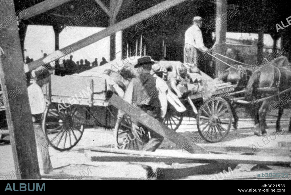 The Hurricane of 1900 made landfall on the city of Galveston, Texas, on September 8, 1900. It had estimated winds of 145 miles per hour at landfall, making it a Category 4 storm on the Saffir-Simpson Hurricane Scale It was one of the deadliest and costliest hurricanes in American history. The hurricane caused great loss of life with the estimated death toll between 6,000 and 12,000 individuals, giving the storm the third-highest number of deaths or injuries of any Atlantic hurricane, after the Great Hurricane of 1780 and 1998's Hurricane Mitch. The Galveston Hurricane of 1900 is to date the deadliest natural disaster ever to strike the United States. By contrast, the second-deadliest storm to strike the United States, the 1928 Okeechobee Hurricane, caused more than 2,500 deaths, and the deadliest storm of recent times, Hurricane Katrina, claimed the lives of approximately 1,800 people. Photo originally captioned: "Removing dead bodies to barges for burial at sea. The Galveston Hurricane - Damage caused by the hurricane and storm surge." This was the greatest natural disaster in terms of loss of life in U.S. history 6,000 to 8,000 individuals died in this hurricane.