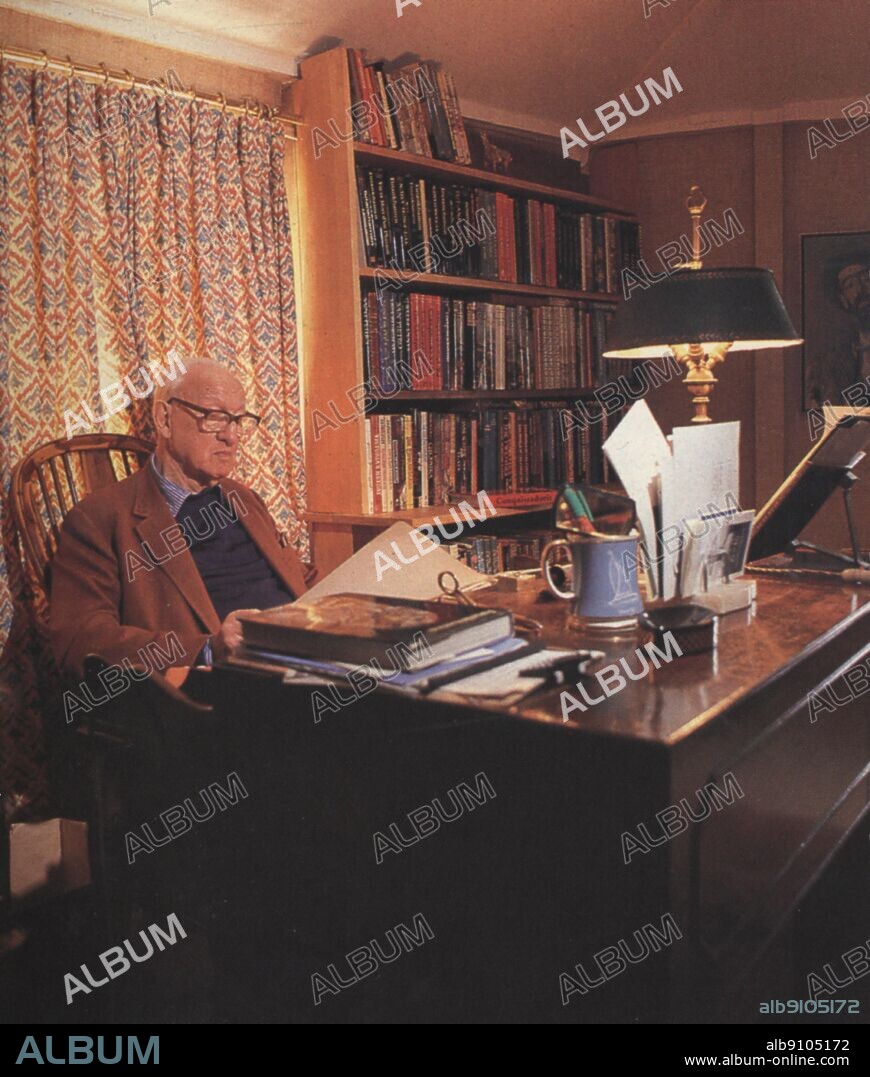 George Rainbird in archive library, February 1985. George Rainbird is described as one of the three great publishers of the twentieth century, alongside Alan Lane and Paul Hamlyn. He is considered to be the first great packager publisher. Born nearly 100 years ago, he seized the opportunities brought by cheap colour printing, particularly of the Sunday newspaper supplements and television. His partner was Rory McClean, one of the influential designers of the twentieth century; he solved paper problems to print run-of-colour throughout and he persuaded the Egyptian authorities to allow photography of King Tutankhamen treasures without their protective glass cases.